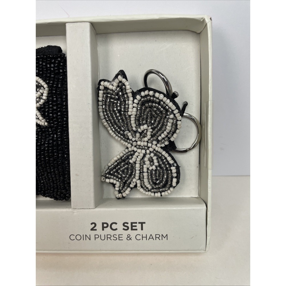 Rachel Zoe Black & Silver Wht Beaded Bow Coin Purse & Handbag Charm Gift Set NWT - Picture 3 of 5